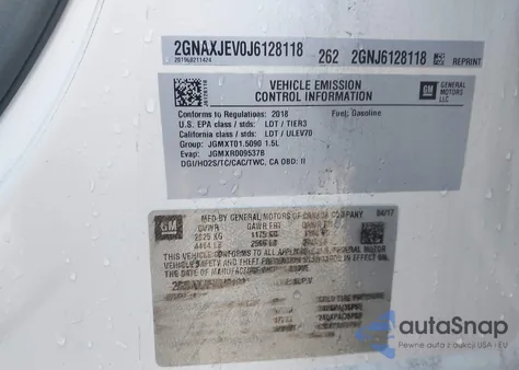 2018 Chevrolet Equinox Lt из США, поврежденный, VIN 2GNAXJEV0J6128118